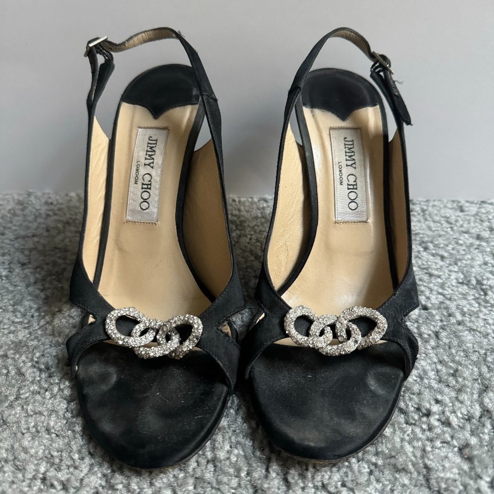 Jimmy Choo Slingback Satin Heels Sandals Crystal Embellishment Open-Toe